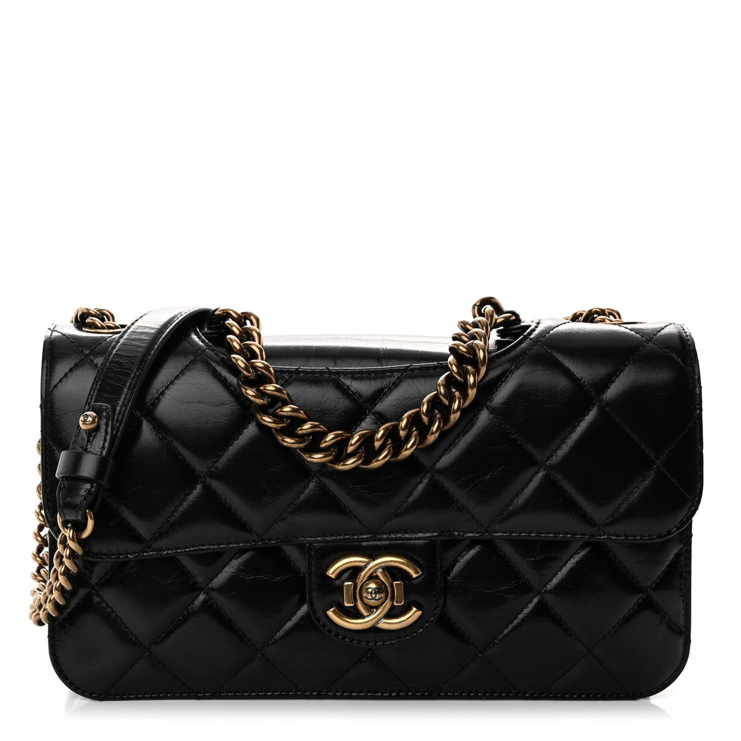 Glazed Calfskin Quilted Large Perfect Edge Flap Black