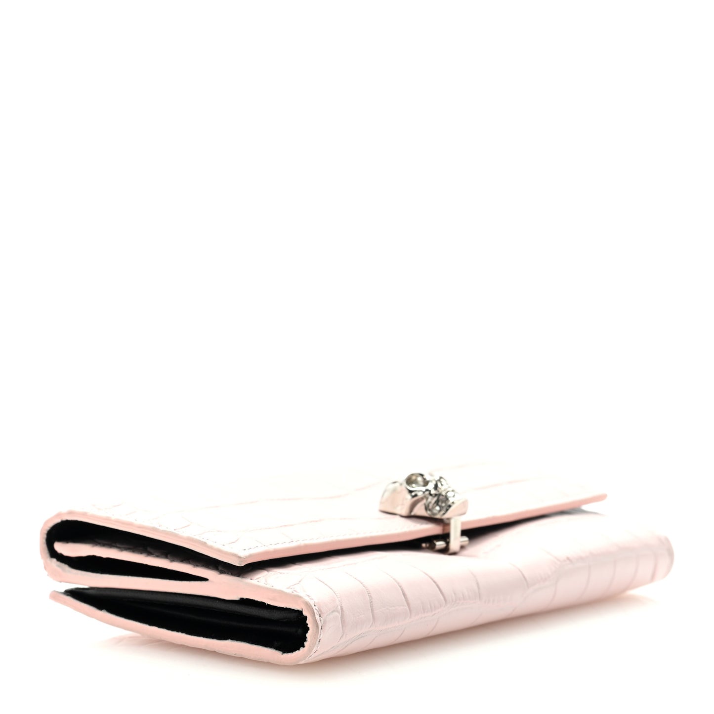 Silky Calfskin Crocodile Embossed Skull Continental Wallet Baby Pink