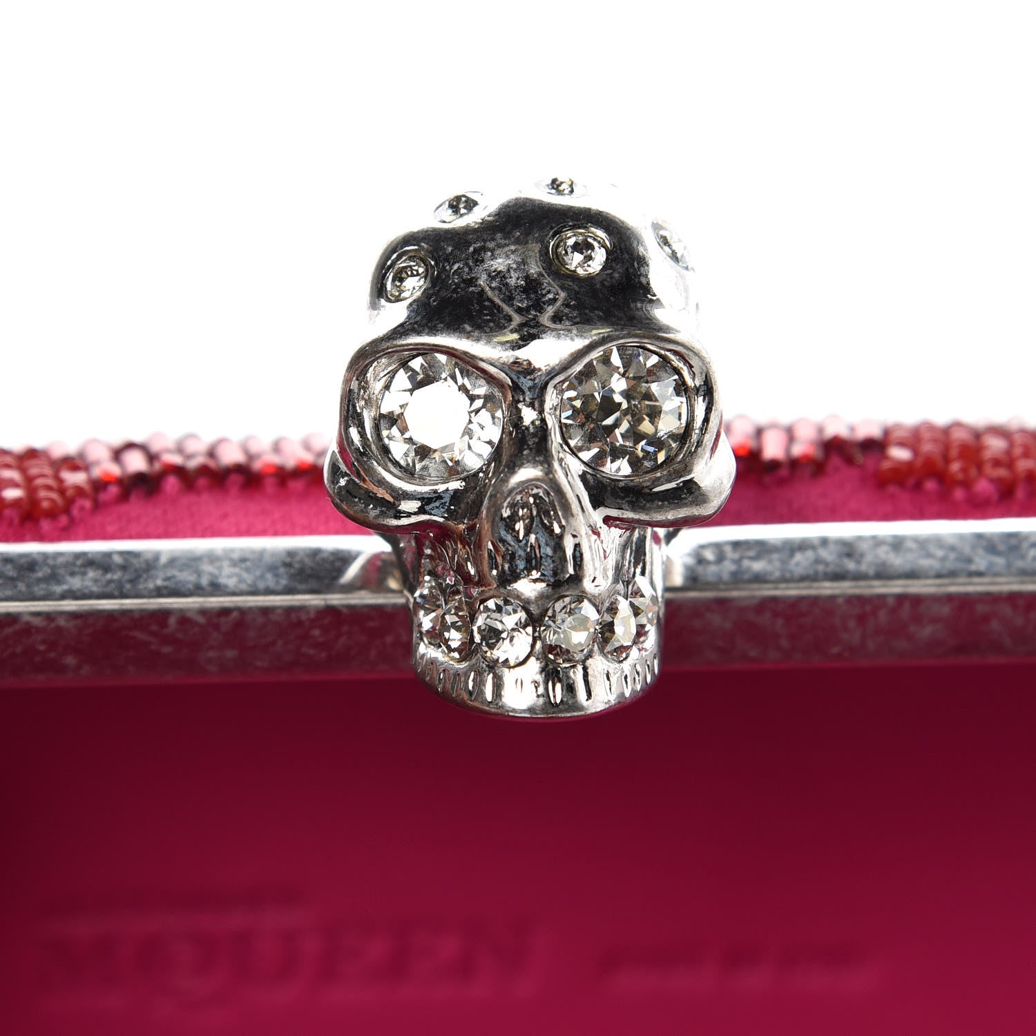 Alexander McQueen Satin Beaded Leopard Skull Box Clutch Red Pink 10 of 10