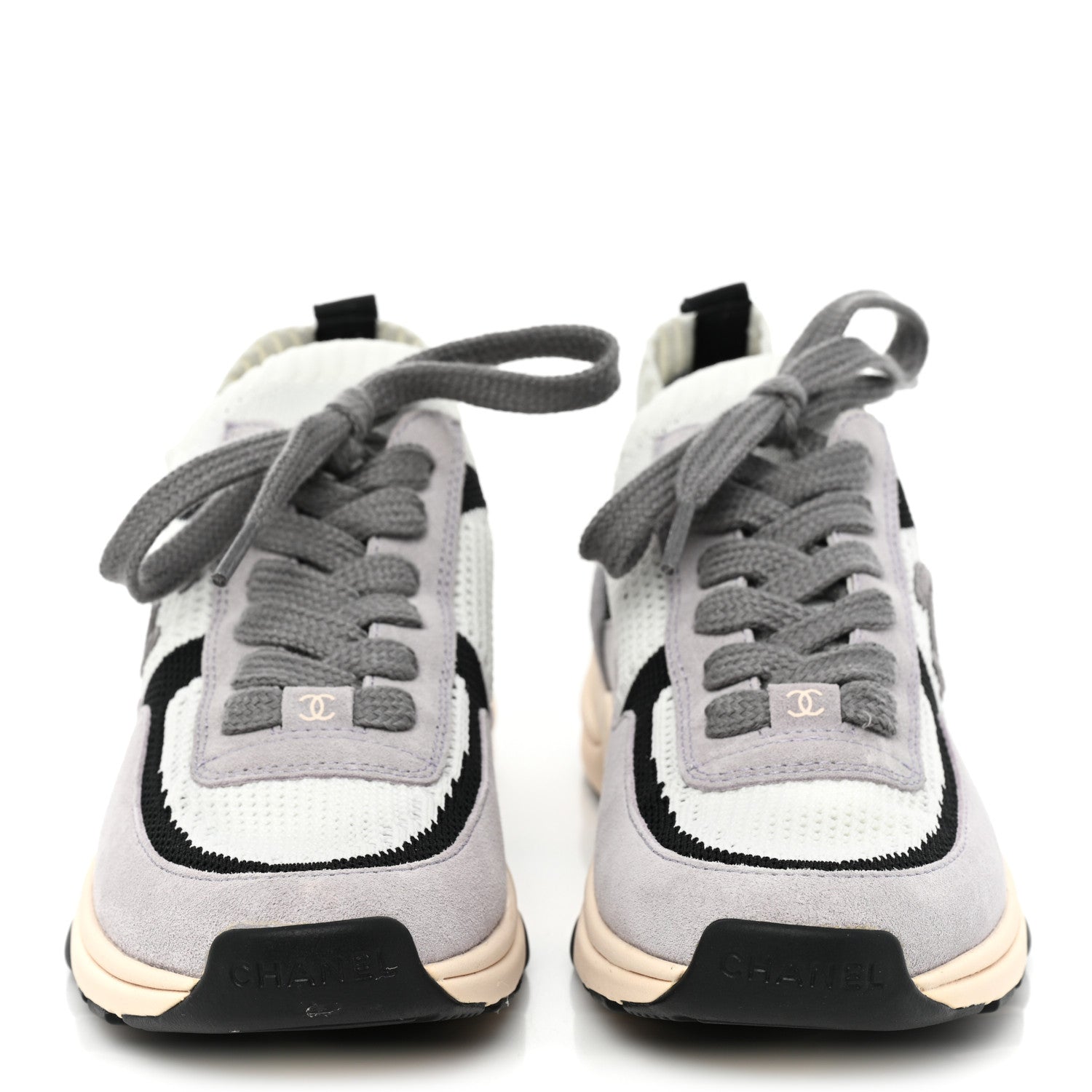 Chanel Mesh Suede Fabric Womens CC Sneakers 36.5 White Black Purple Dark Purple 2 of 10
