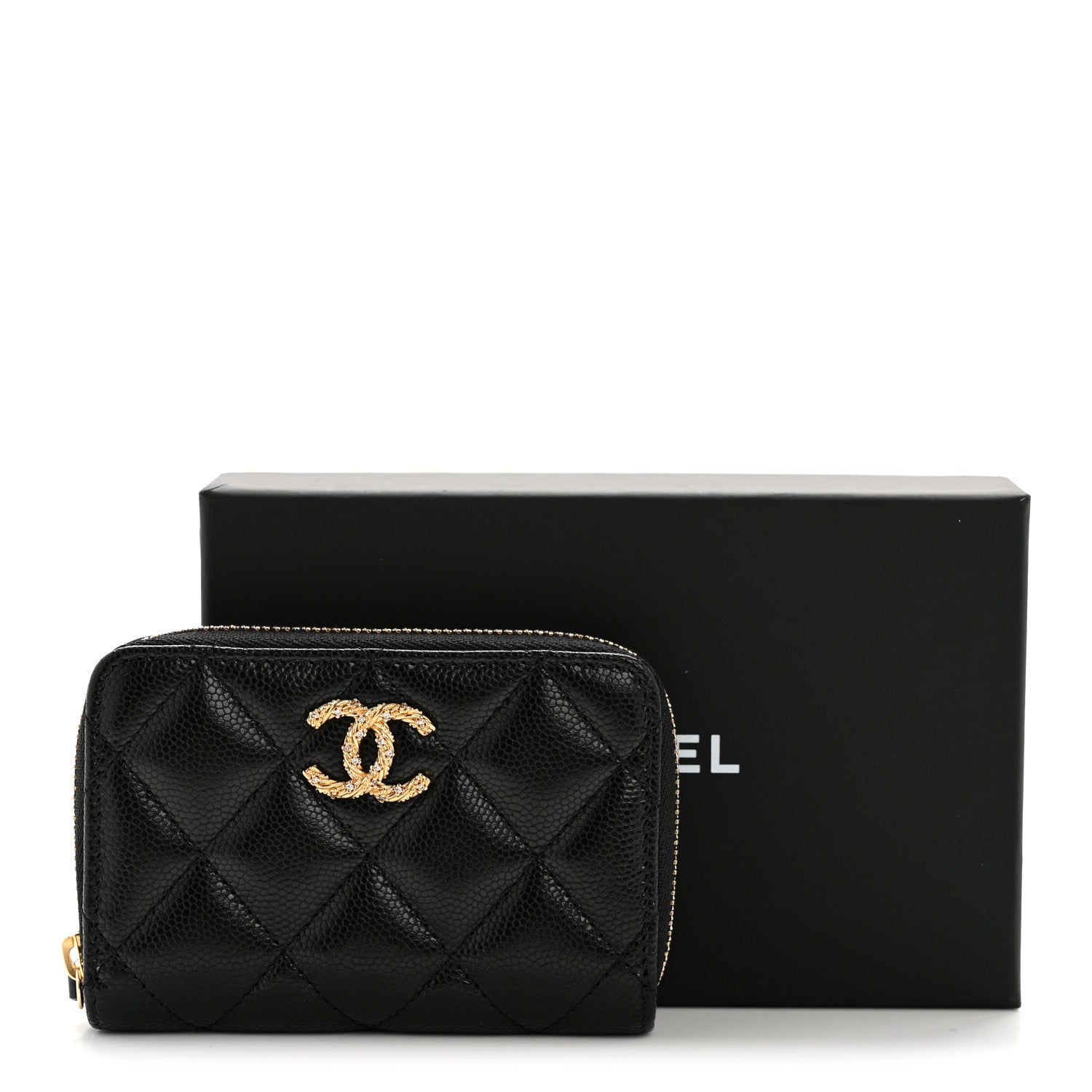 Chanel Caviar Quilted Crystal Zip Around Coin Purse Wallet Black 8 of 8