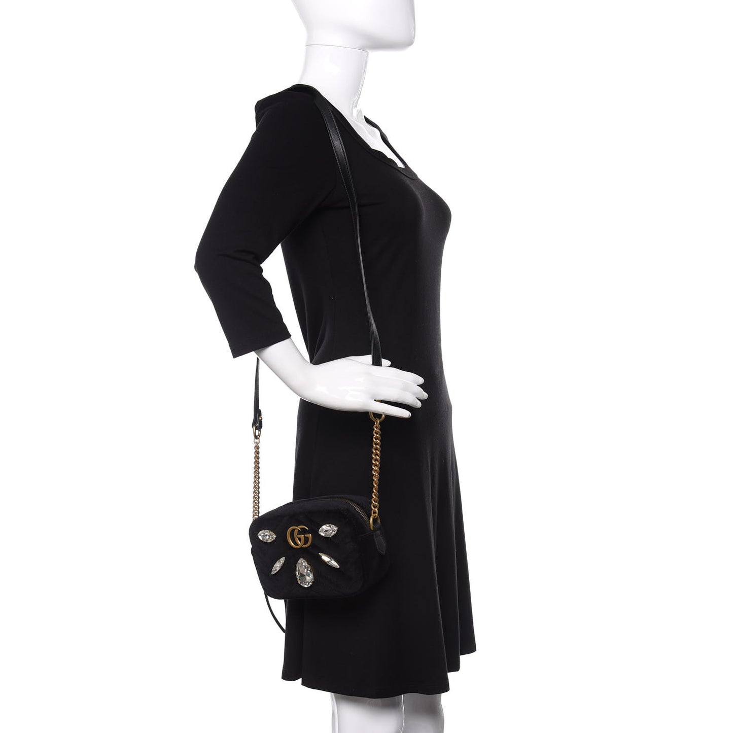 Velvet Matelasse Marquise Crystals Mini GG Marmont Chain Shoulder Bag Black