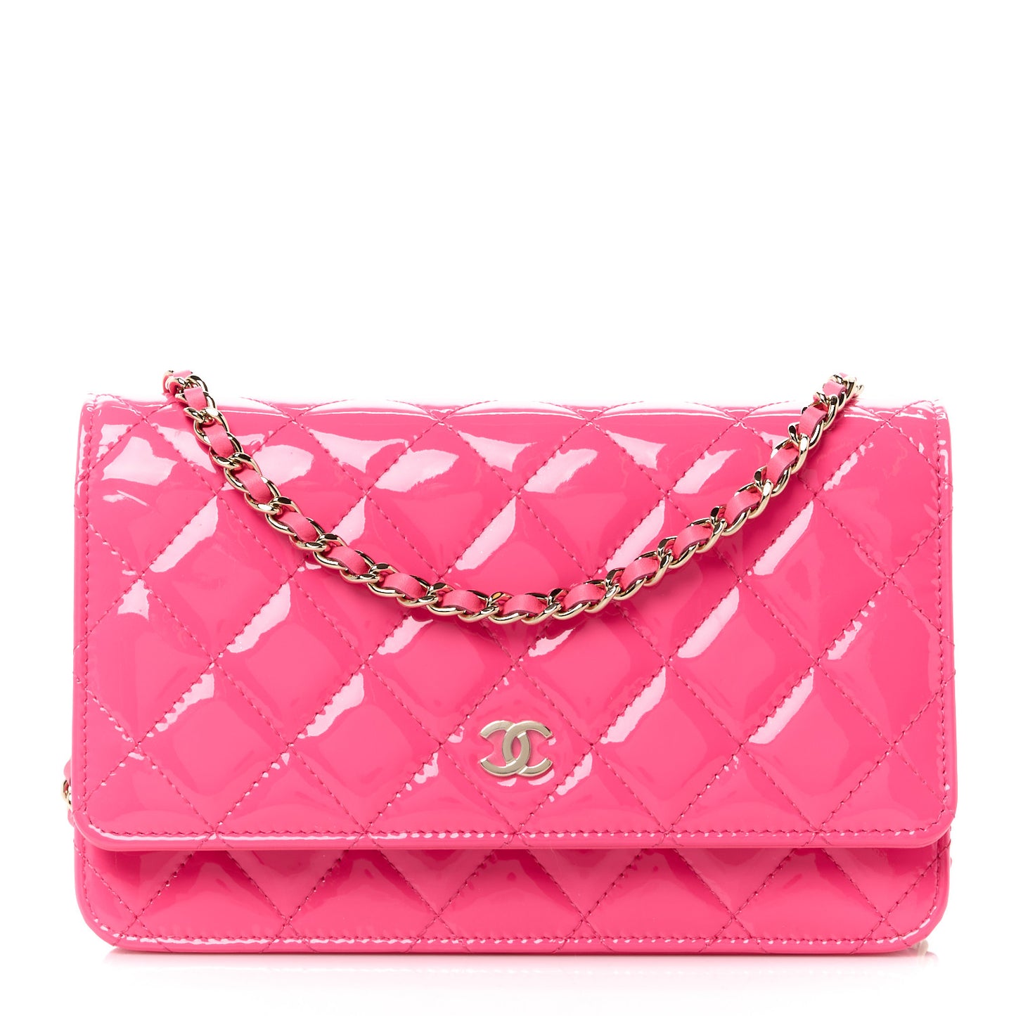 Patent Calfskin Quilted Wallet On Chain WOC Neon Pink