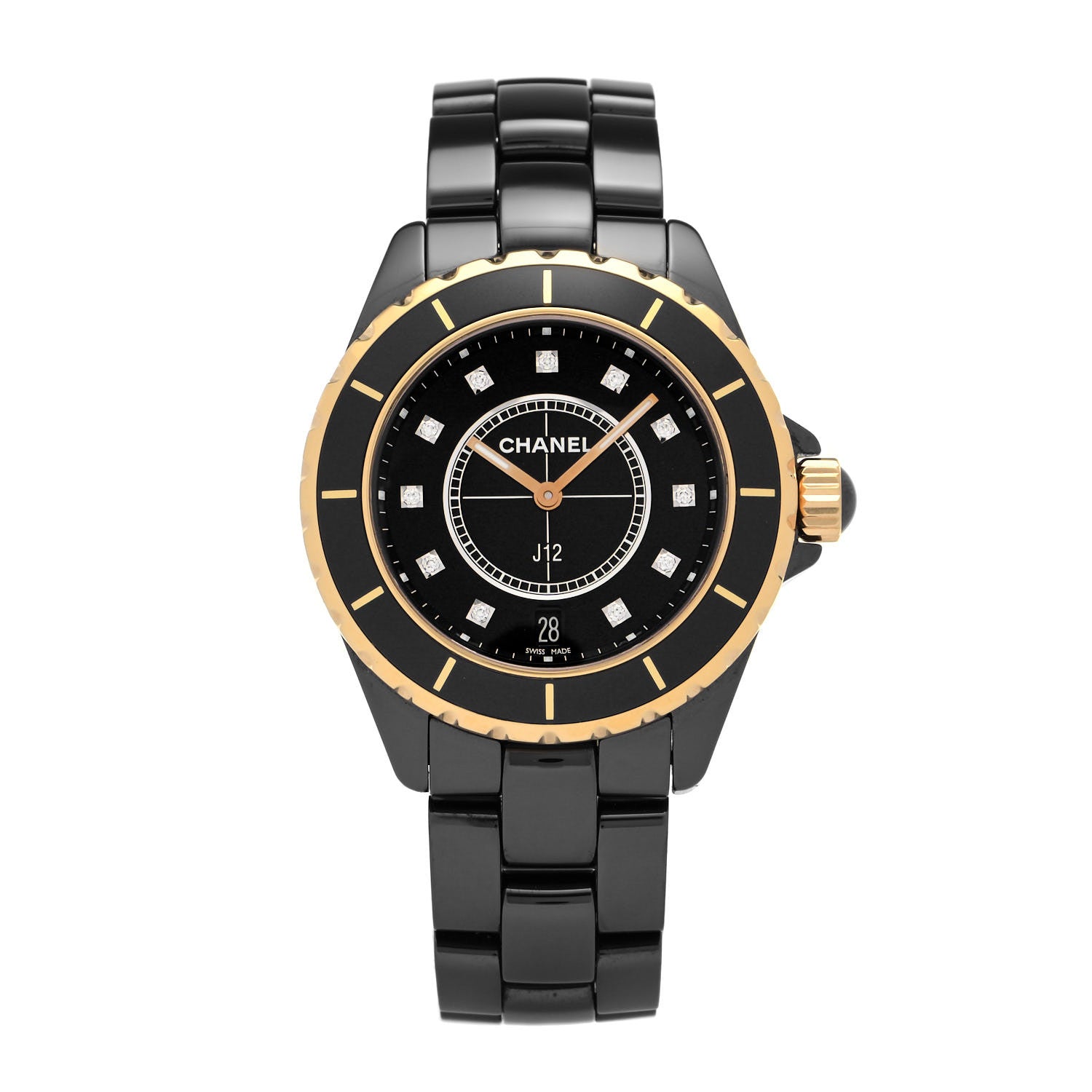 Chanel Stainless Steel 18K Yellow Gold Ceramic Diamond 38mm J12 Quartz Watch Black 1 of 5
