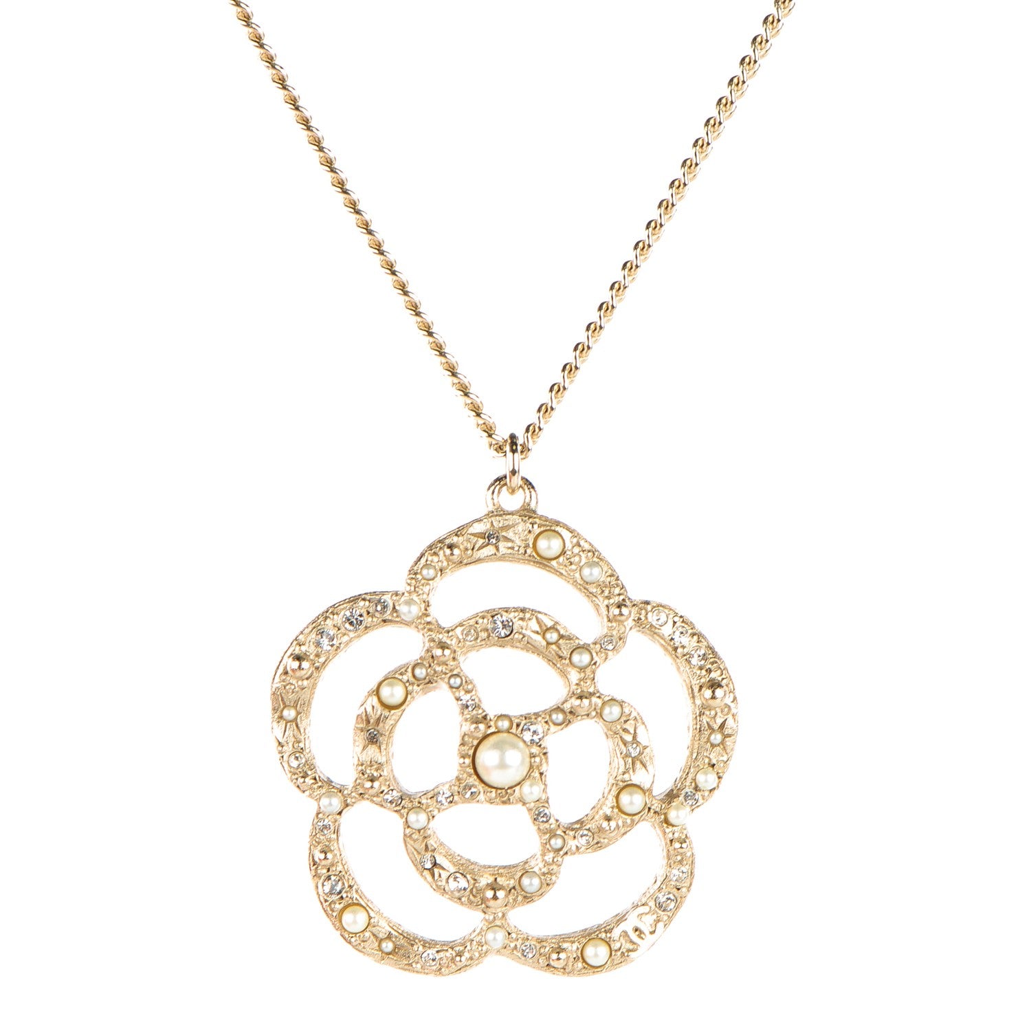 Chanel Pearl Crystal Large Camellia Pendant Necklace Light Gold 1 of 6