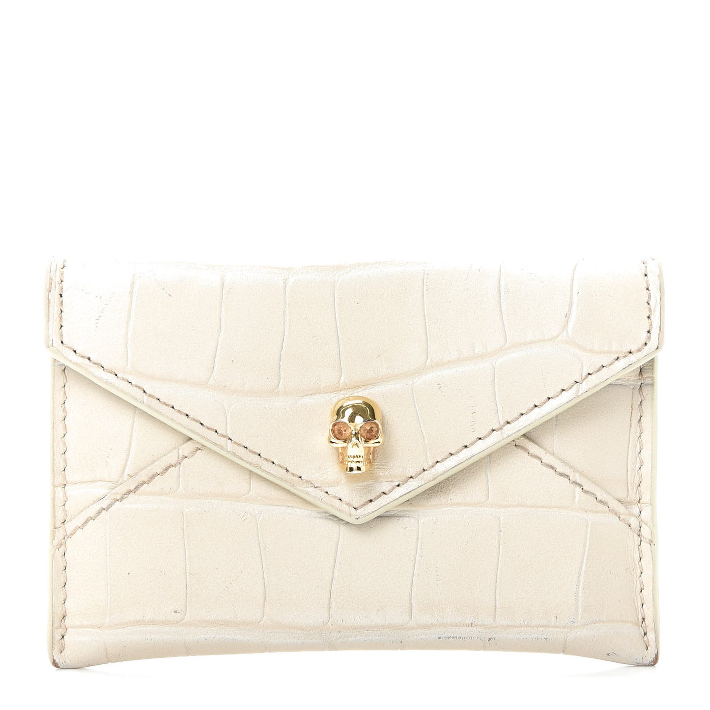 Calfskin Crocodile Embossed Skull Envelope Card Holder Cream