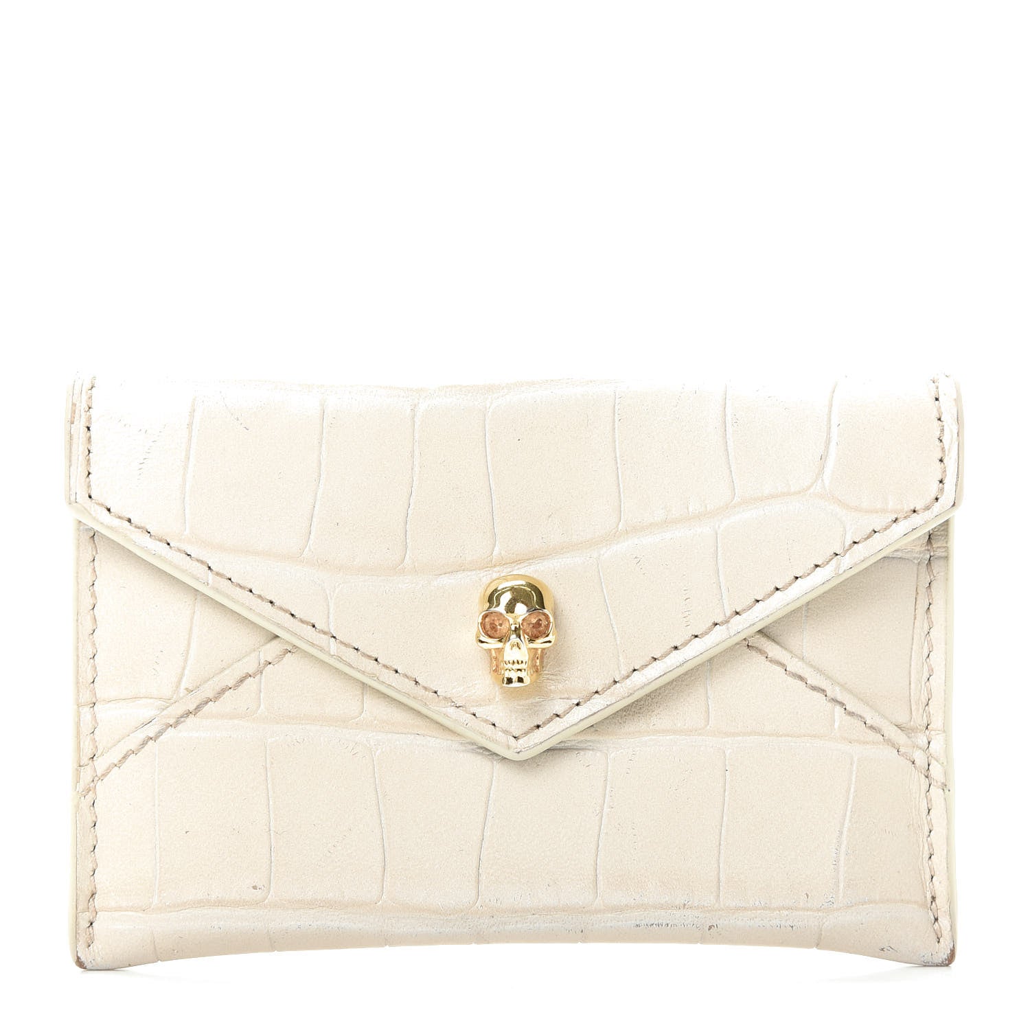 Alexander McQueen Calfskin Crocodile Embossed Skull Envelope Card Holder Cream 1 of 8