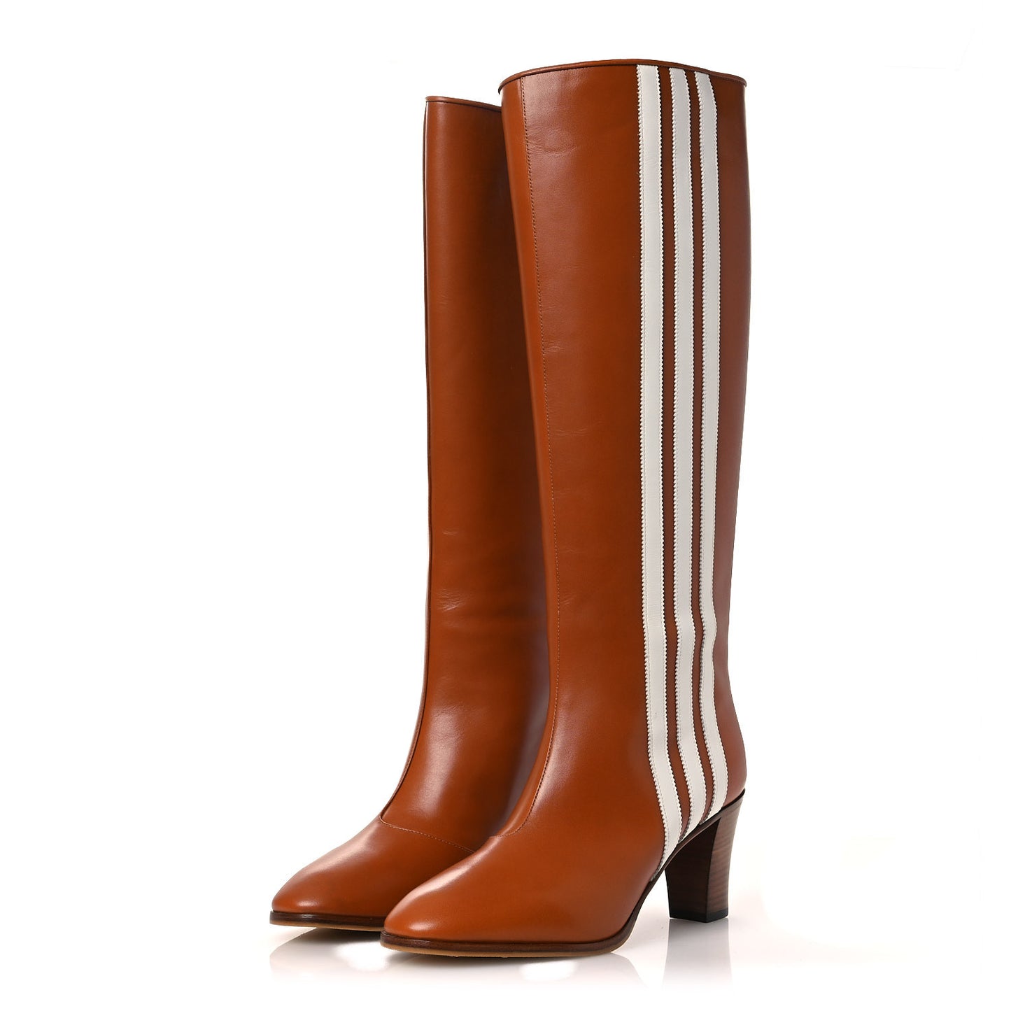 X ADIDAS Calfskin Elizabeth Knee Boots 38.5 Royal Cognac Great White