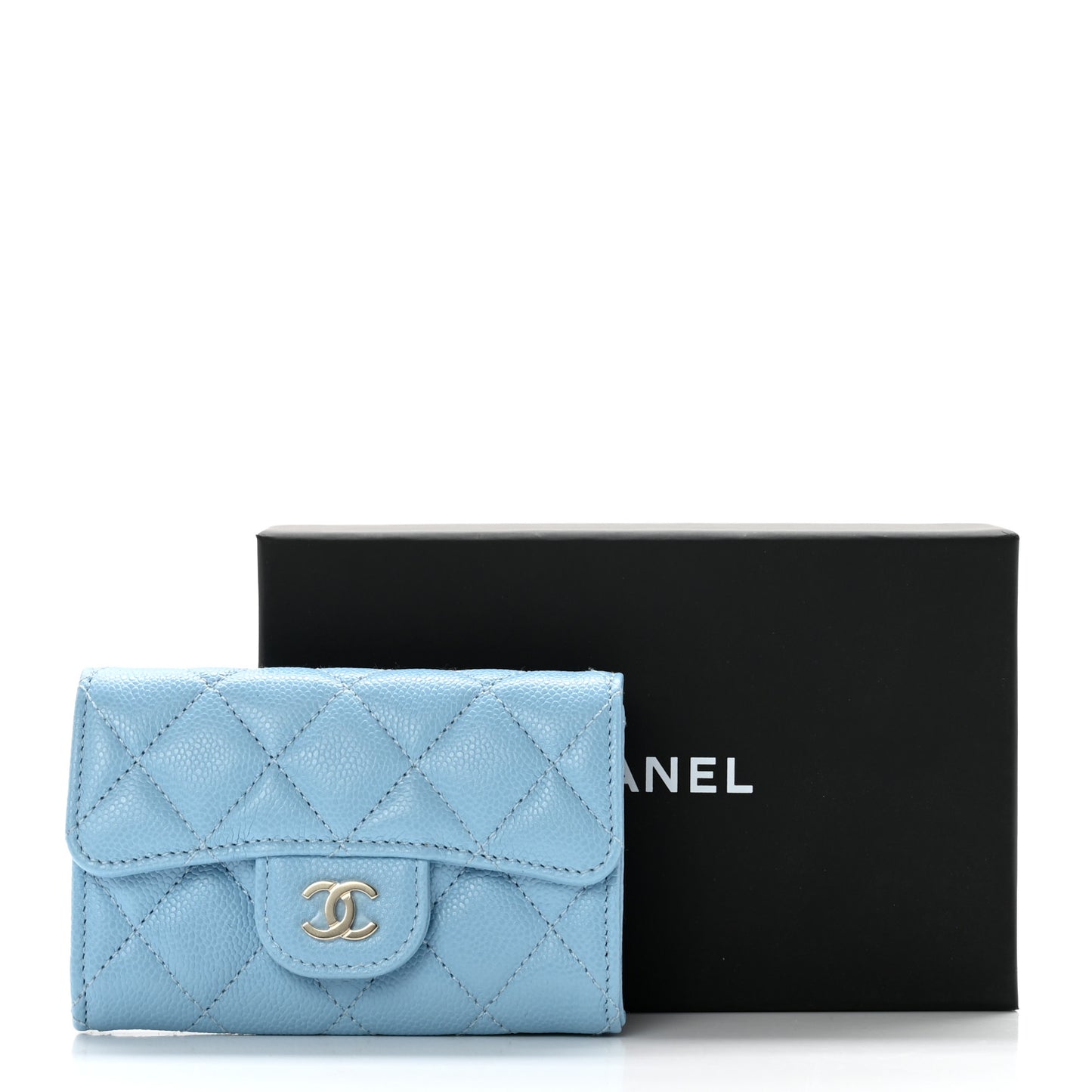 Caviar Quilted Flap Card Holder Wallet Light Blue