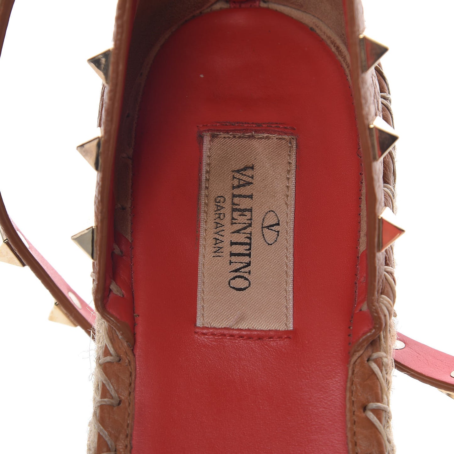 Grained Calfskin Rockstud Ankle Wrap Espadrille Flats 38 Cognac