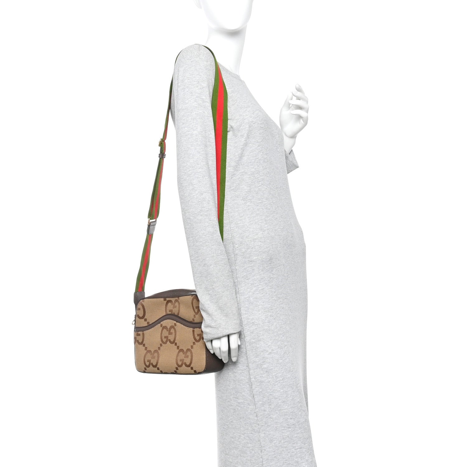 Gucci Monogram Jumbo GG Textured Dollar Calfskin Web Messenger Shoulder Bag Camel Ebony New Acero 2 of 11