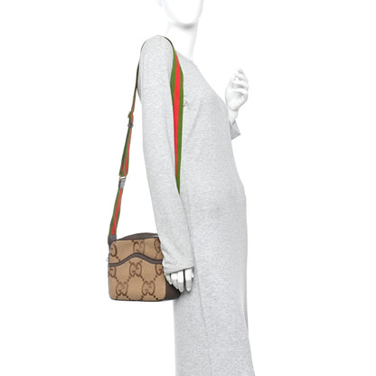 Gucci Monogram Jumbo GG Textured Dollar Calfskin Web Messenger Shoulder Bag Camel Ebony New Acero 2 of 11