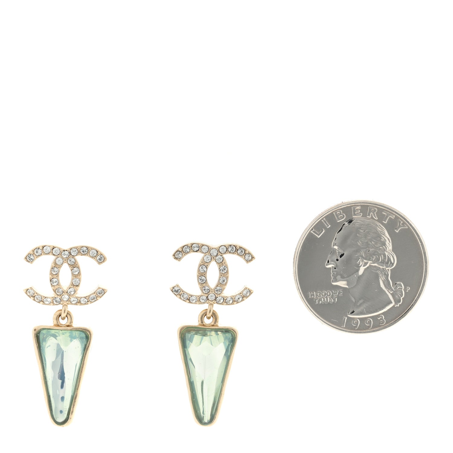 Chanel Crystal CC Drop Earrings Green Gold 2 of 4