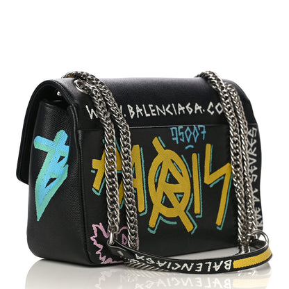 Balenciaga Grained Calfskin Graffiti M BB Round Shoulder Bag Black Multicolor 3 of 17