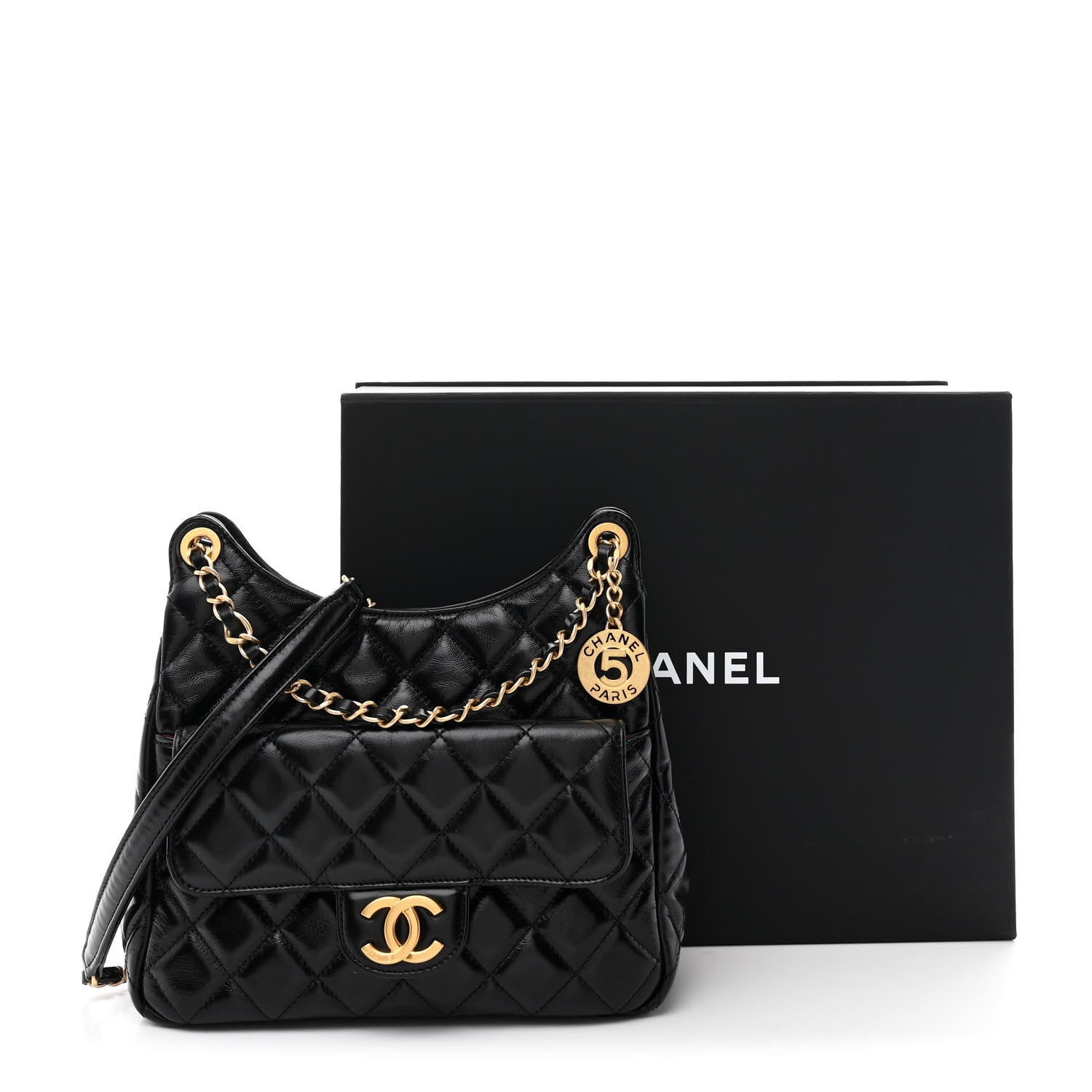 Chanel Shiny Crumpled Calfskin Quilted Wavy CC Hobo Black 10 of 10