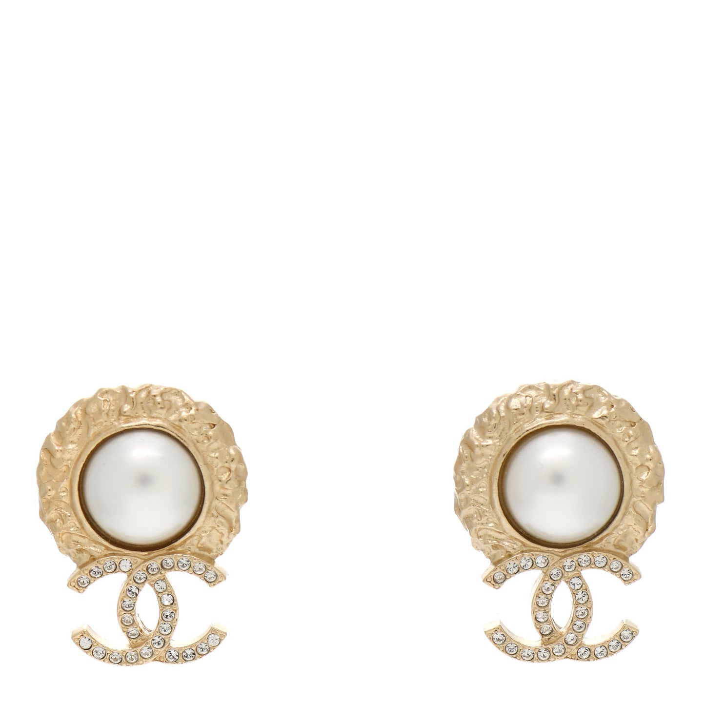Crystal Pearl Textured CC Round Drop Earrings Gold