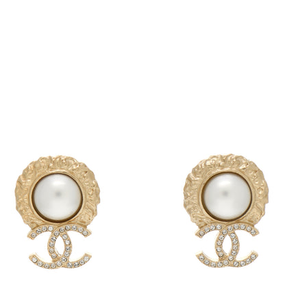 Chanel Crystal Pearl Textured CC Round Drop Earrings Gold 1 of 4