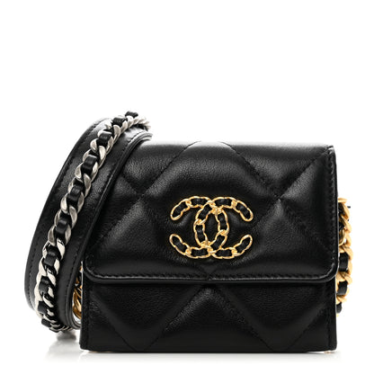 Chanel Shiny Goatskin Quilted Chanel 19 Flap Coin Purse With Chain Black 1 of 10