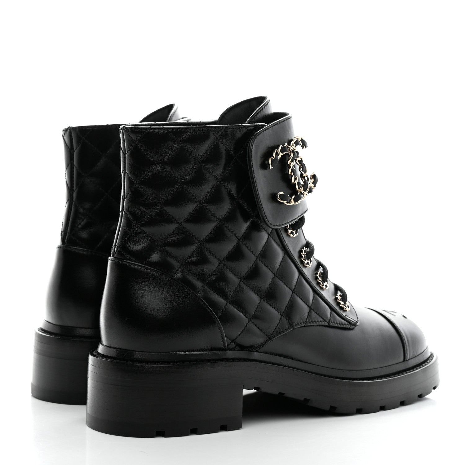 Chanel Shiny Lambskin Quilted Lace Up Combat Boots 39 Black 4 of 11