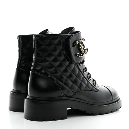 Chanel Shiny Lambskin Quilted Lace Up Combat Boots 39 Black 4 of 11