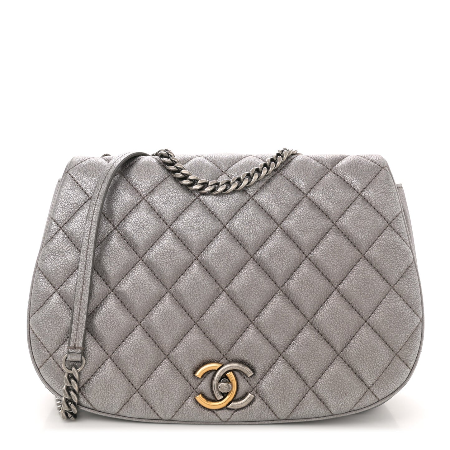Metallic Calfskin Quilted Casual Pocket Messenger Flap Silver