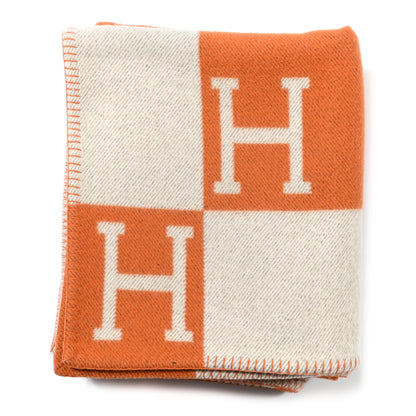 Hermes Wool Cashmere Signature Classic Avalon Blanket Ecru Potiron 1 of 3