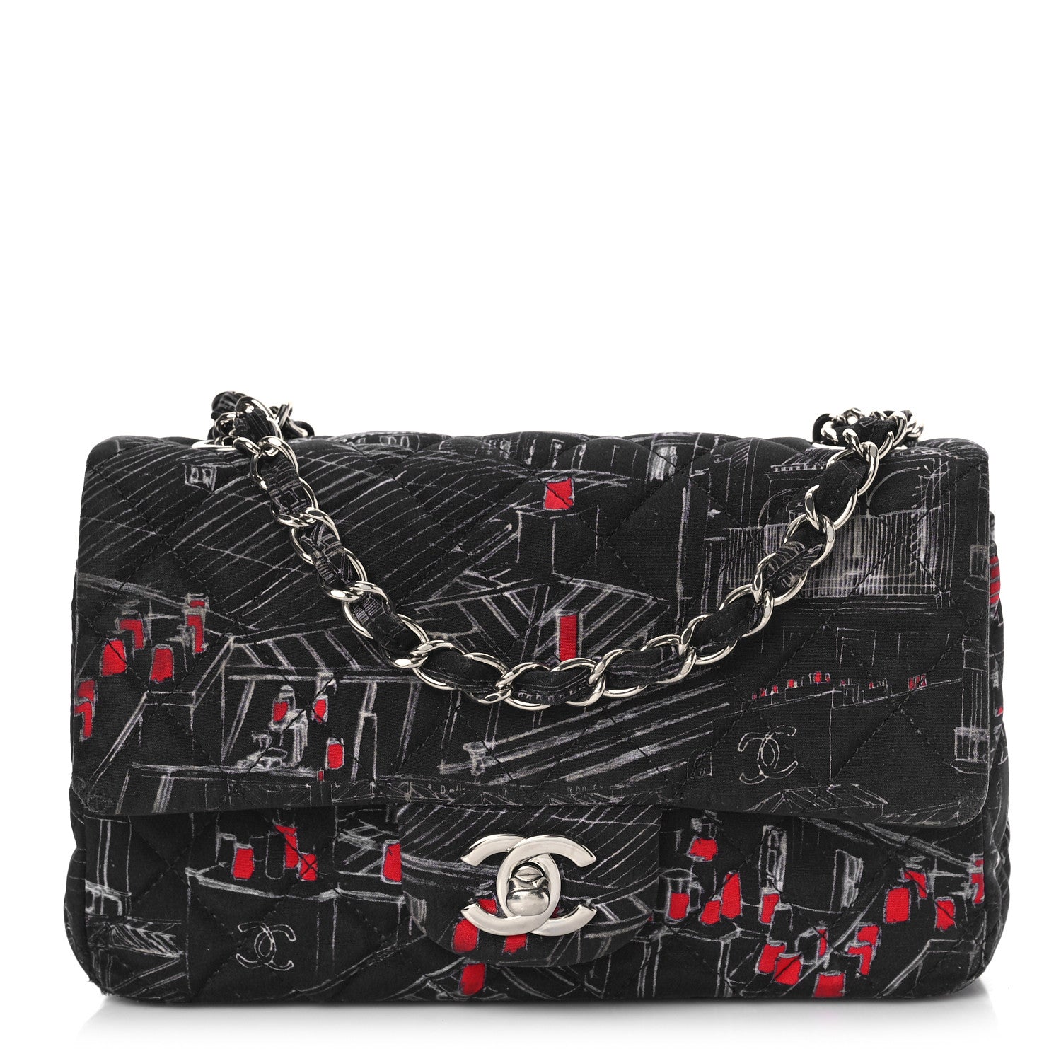 Chanel Fabric Printed Paris Rooftops Quilted Mini Rectangular Flap Black Red White 1 of 9