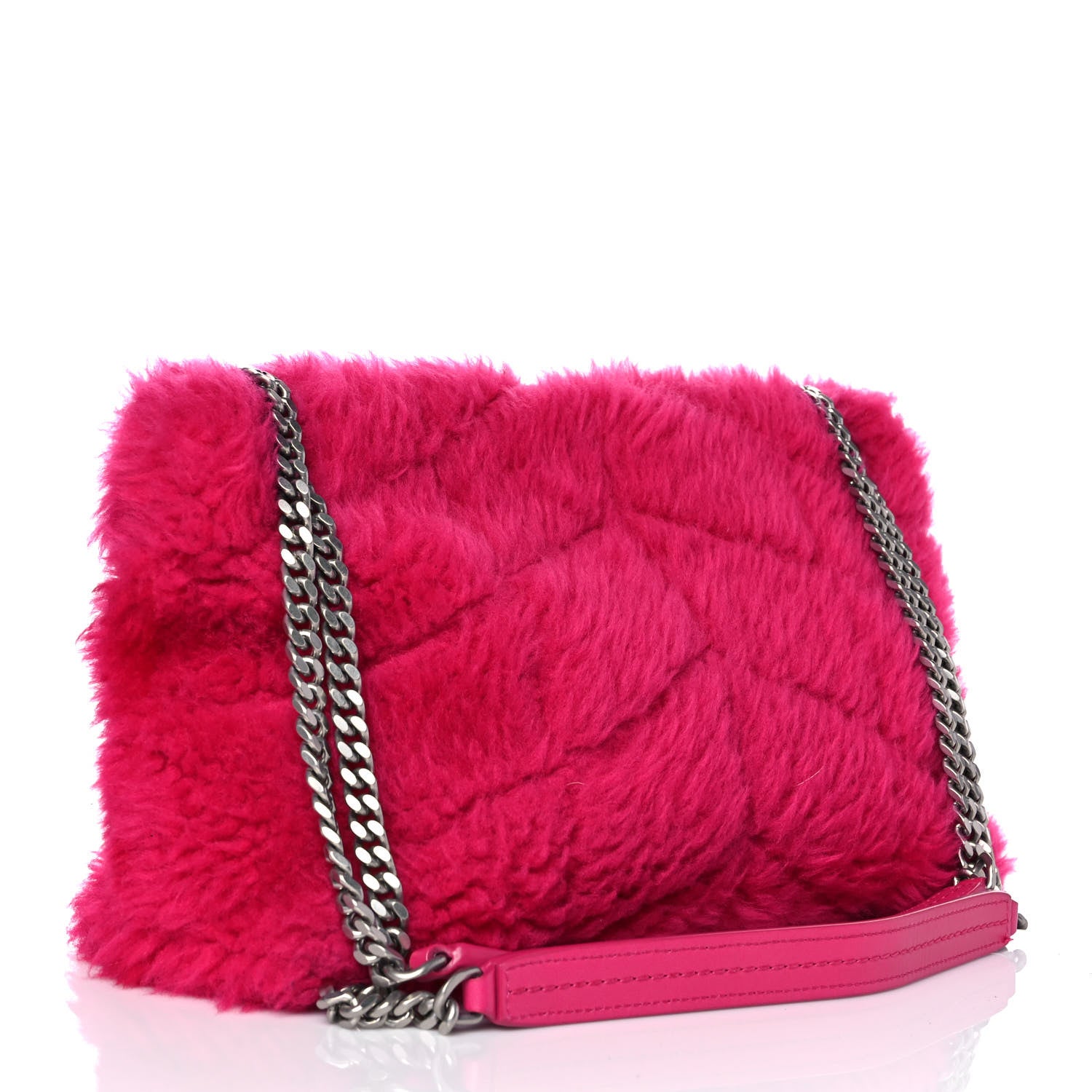 Saint Laurent Merino Shearling Lambskin Quilted Small Loulou Puffer Monogram Chain Satchel Fuchsia 3 of 10