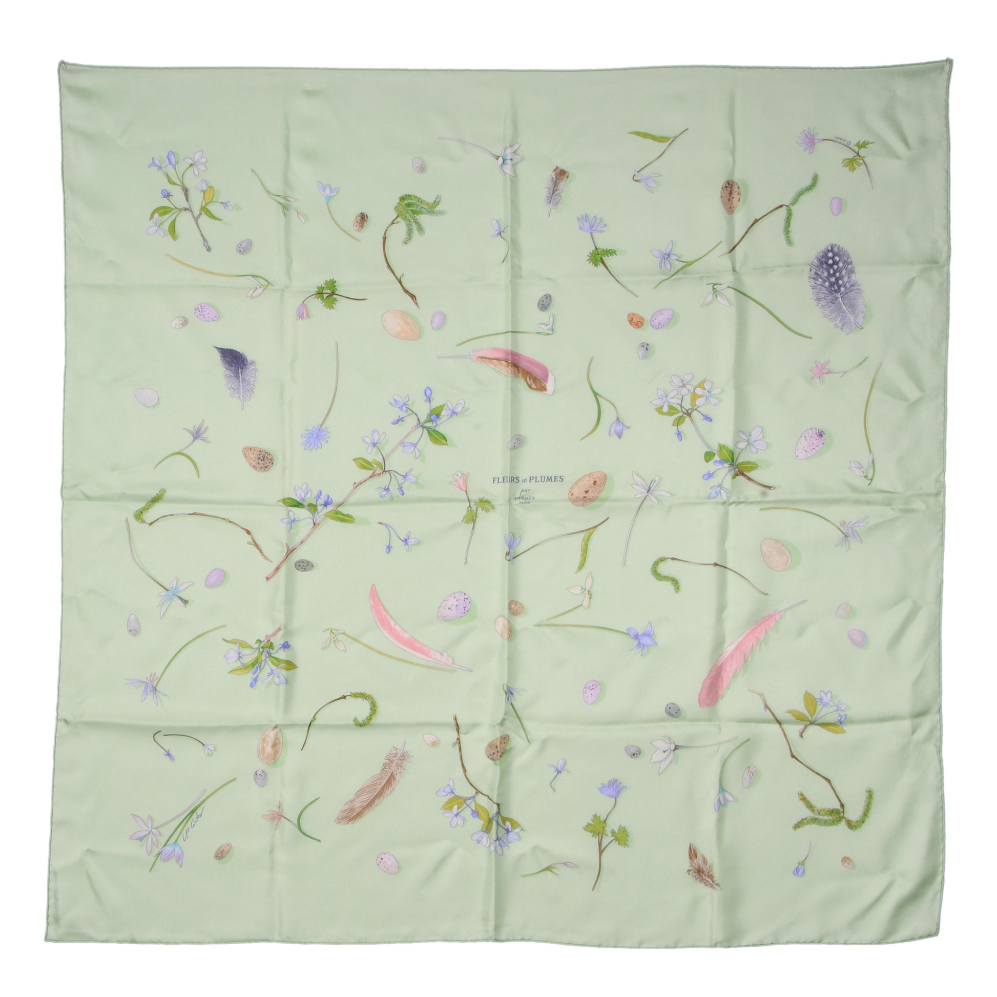 Hermes Silk Fleurs et Plumes Scarf 90 Green 2 of 5