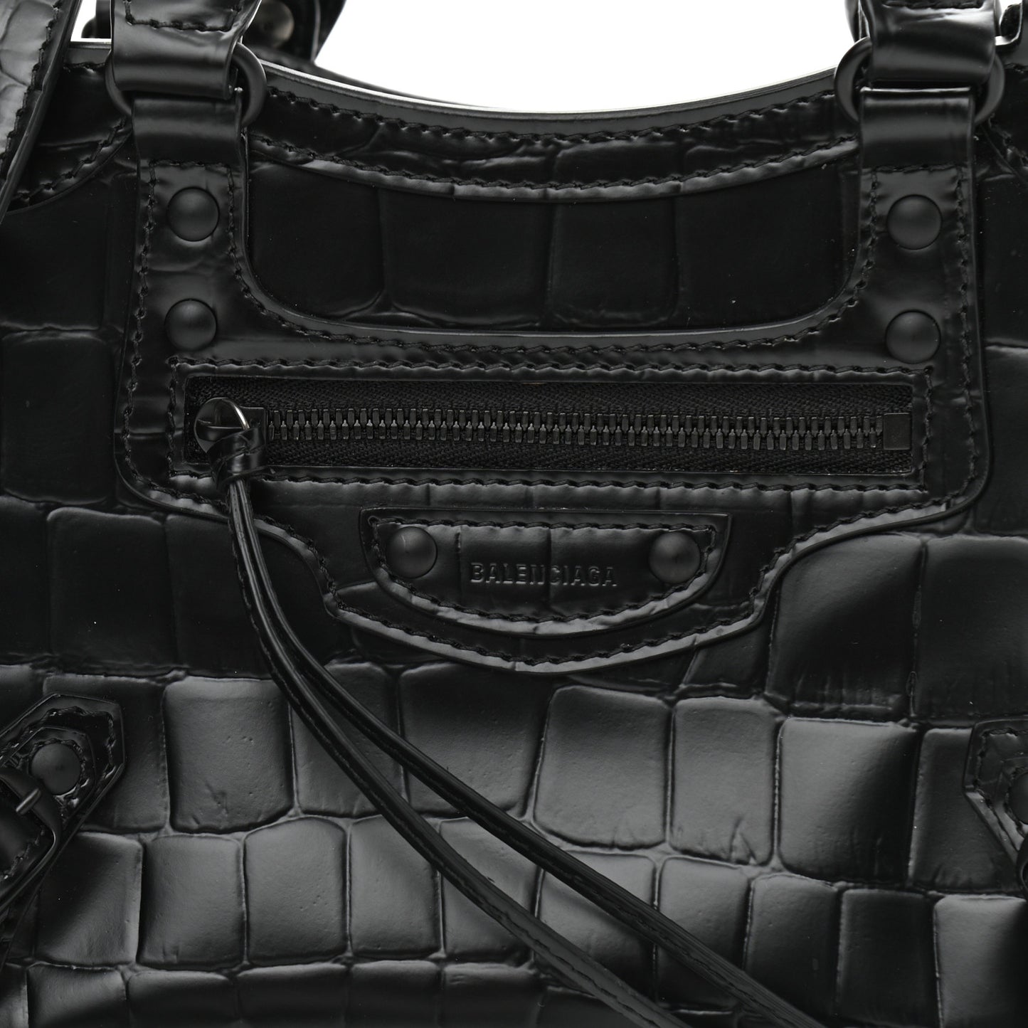 Semi Shiny Calfskin Crocodile Embossed Neo Classic Black Hardware Mini City Black