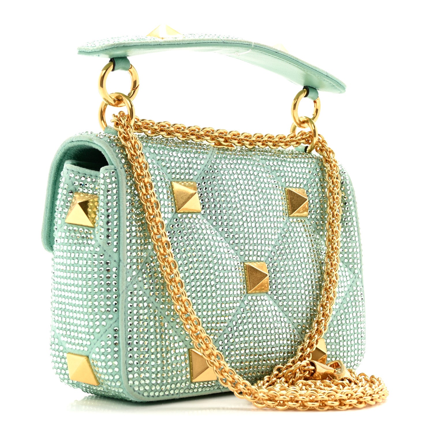 Valentino Garavani Crystal Suede Small Roman Stud Shoulder Bag Green 3 of 13