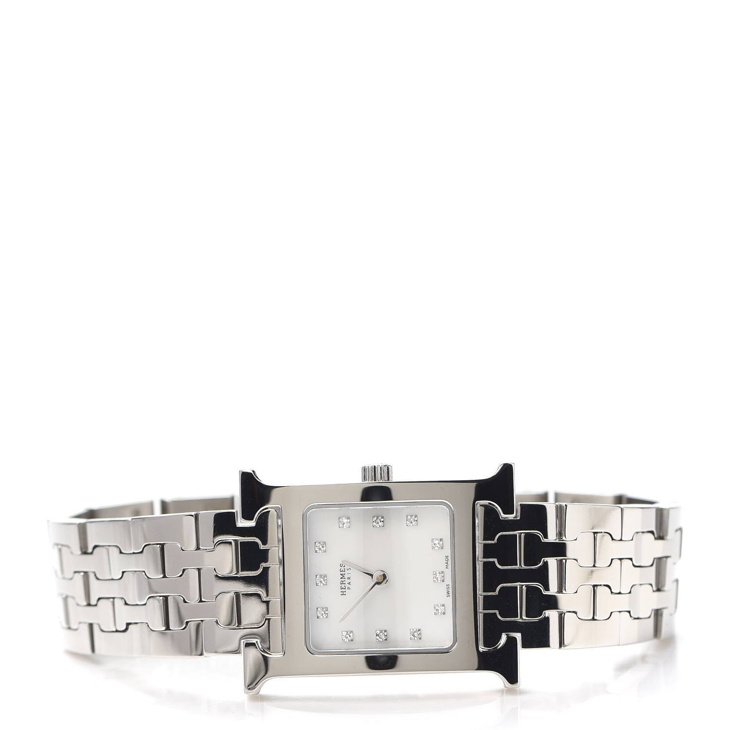 Hermes Stainless Steel Diamond Mother of Pearl 21mm Heure H Hour Quartz Watch 2 of 5