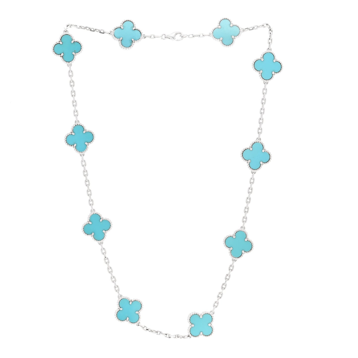 18K White Gold Turquoise 10 Motifs Vintage Alhambra Necklace