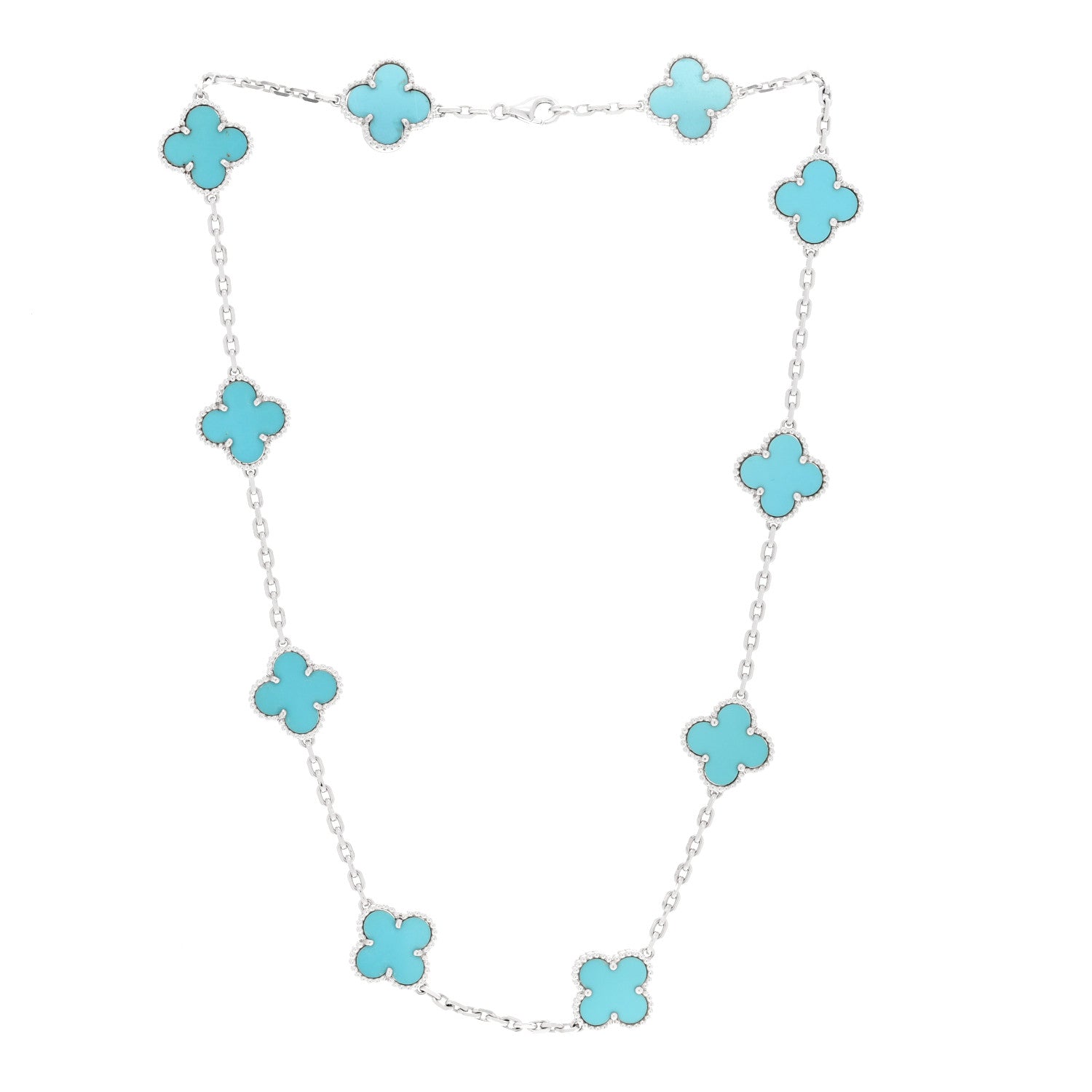 Van Cleef & Arpels 18K White Gold Turquoise 10 Motifs Vintage Alhambra Necklace 3 of 6