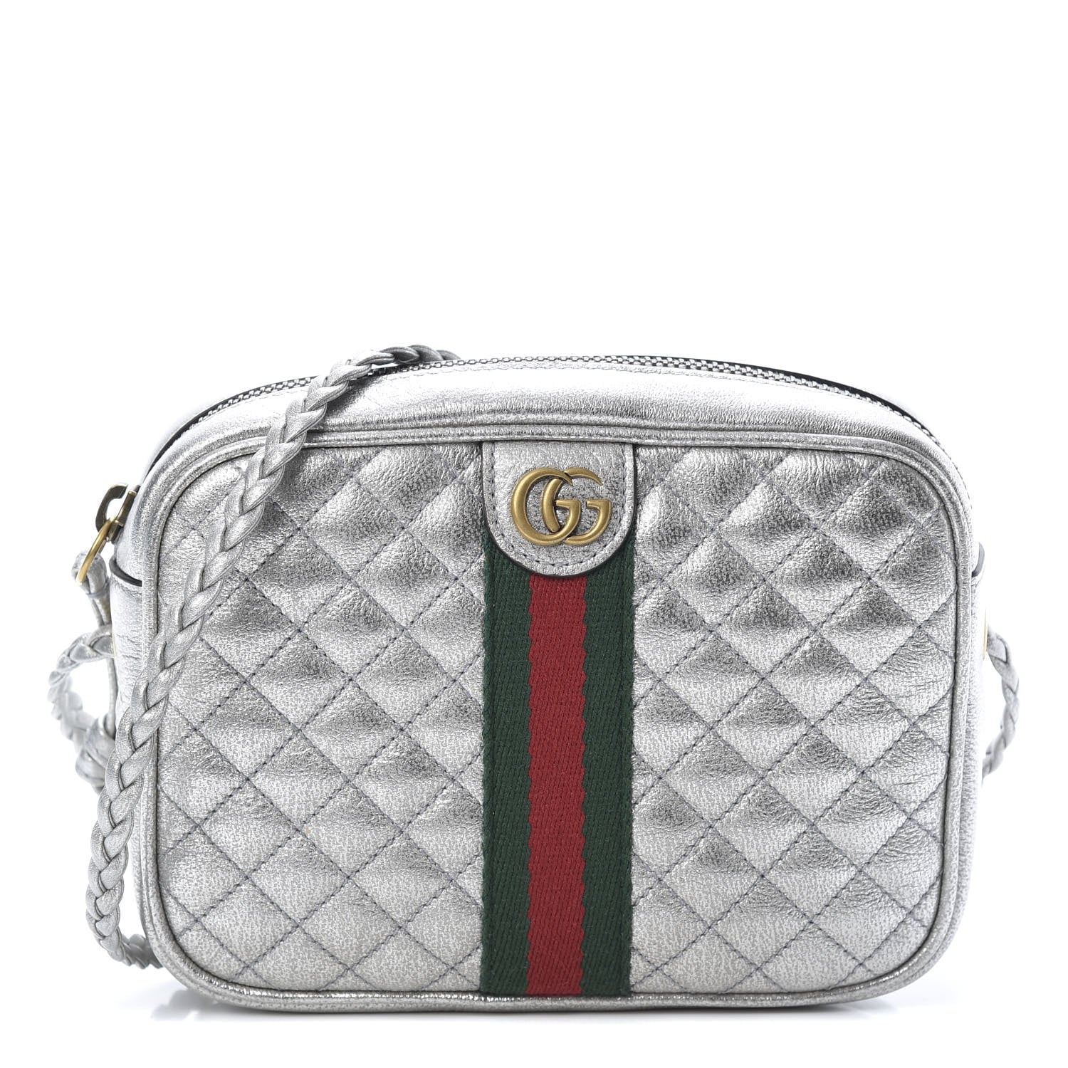Gucci Laminated Nappa Web Trapuntata Mini GG Shoulder Bag Argento 1 of 10
