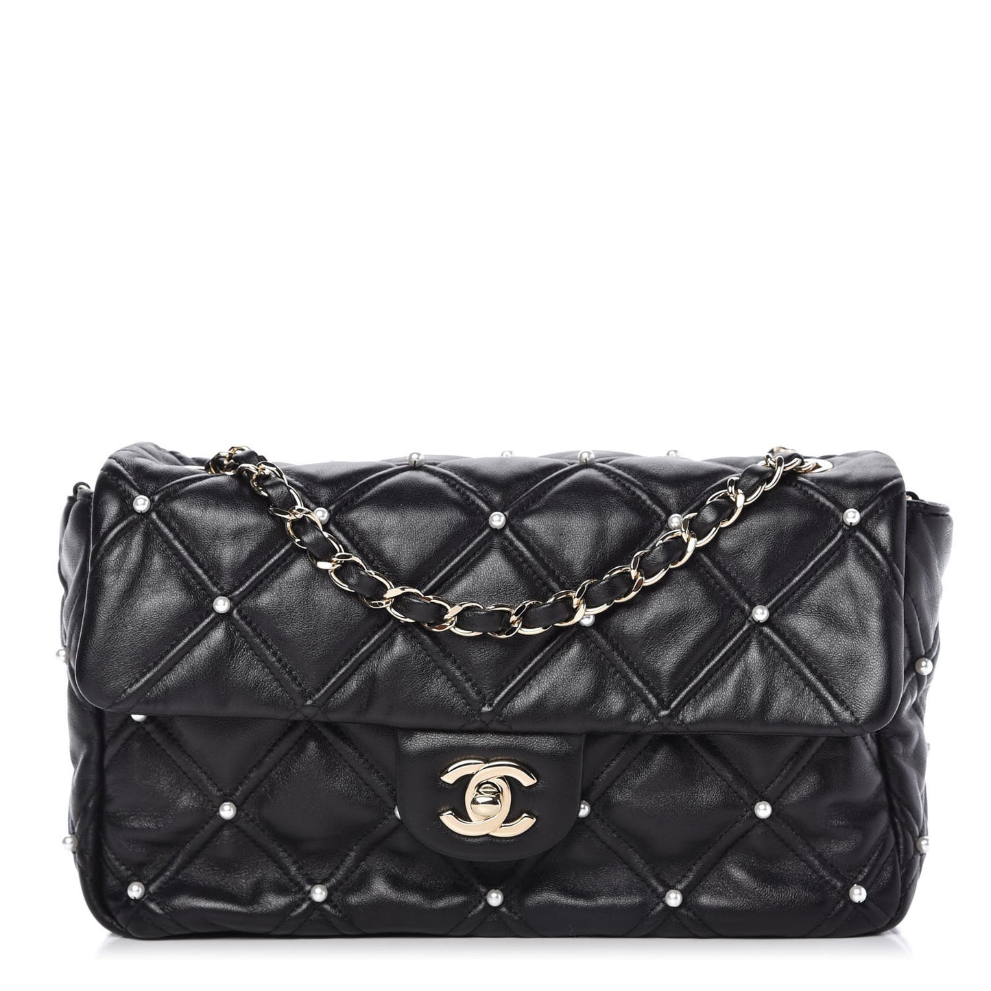 Lambskin Quilted Pearl Studded Flap Black