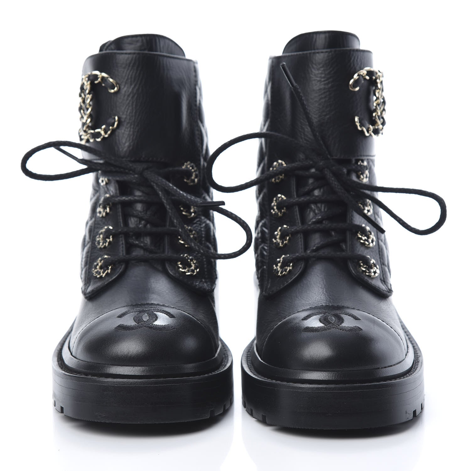 Chanel Shiny Goatskin Calfskin Quilted Lace Up Combat Boots 35 Black 2 of 8