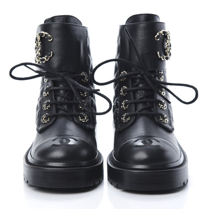 Chanel Shiny Goatskin Calfskin Quilted Lace Up Combat Boots 35 Black 2 of 8