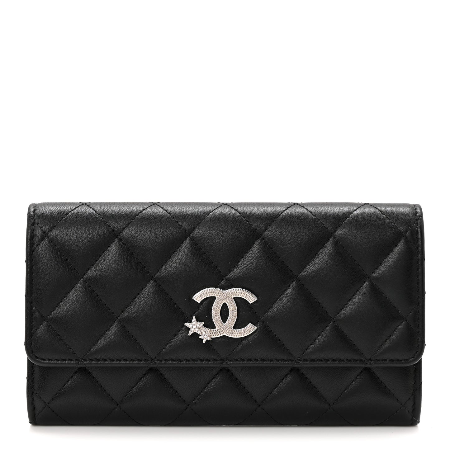 Calfskin Quilted Crystal CC Star Flap Wallet Black