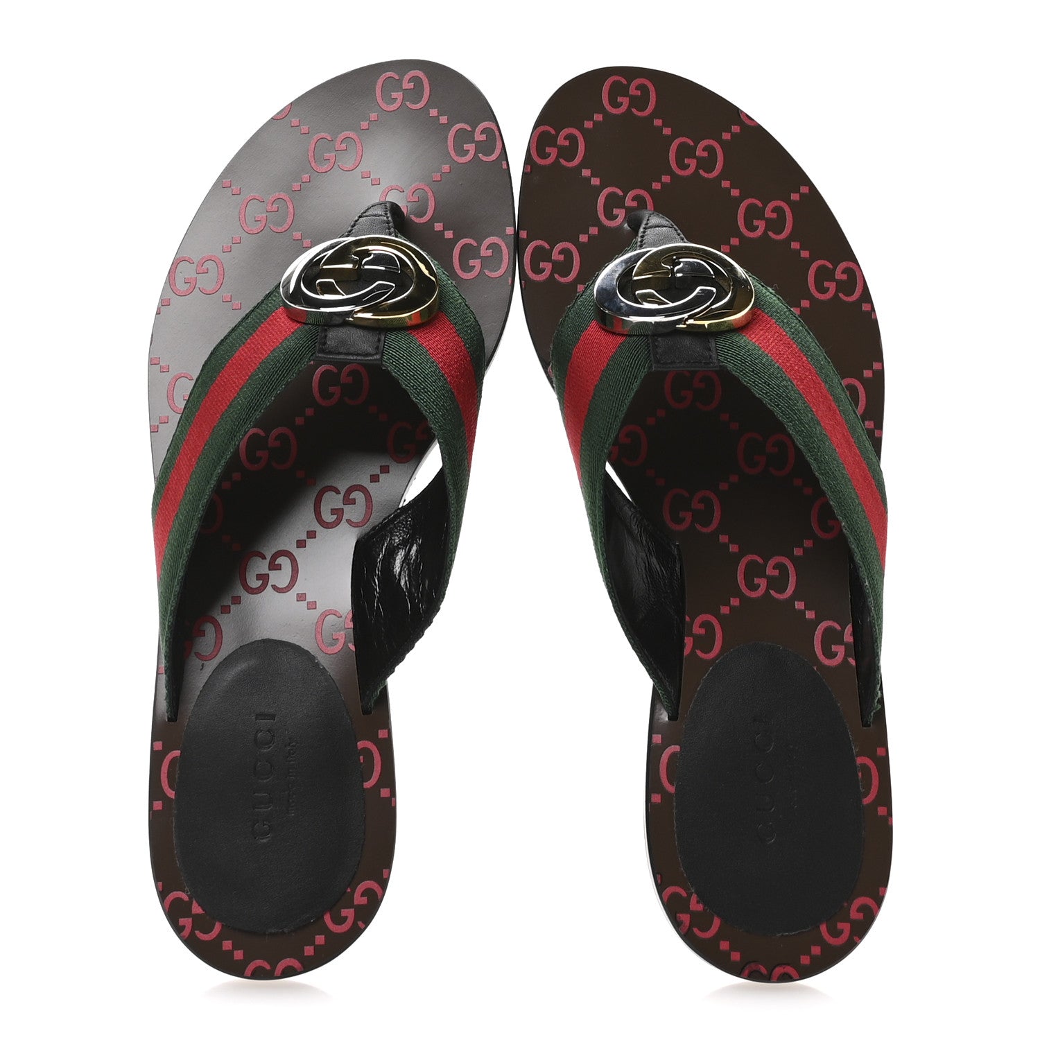 Gucci Nylon Calfskin Web GG Monogram Womens Thong Sandals 36.5 Green Red Cocoa 2 of 8