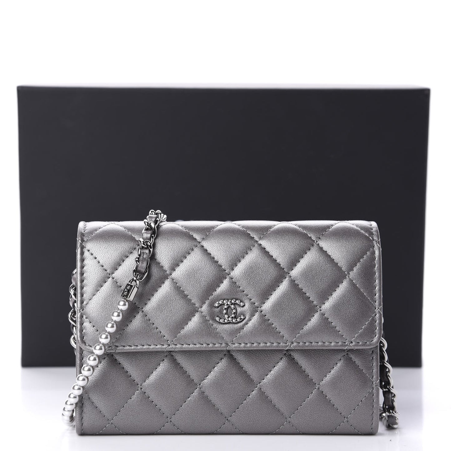 Lambskin Quilted Pearl My Shoulder Mini French Wallet On Chain WOC Silver
