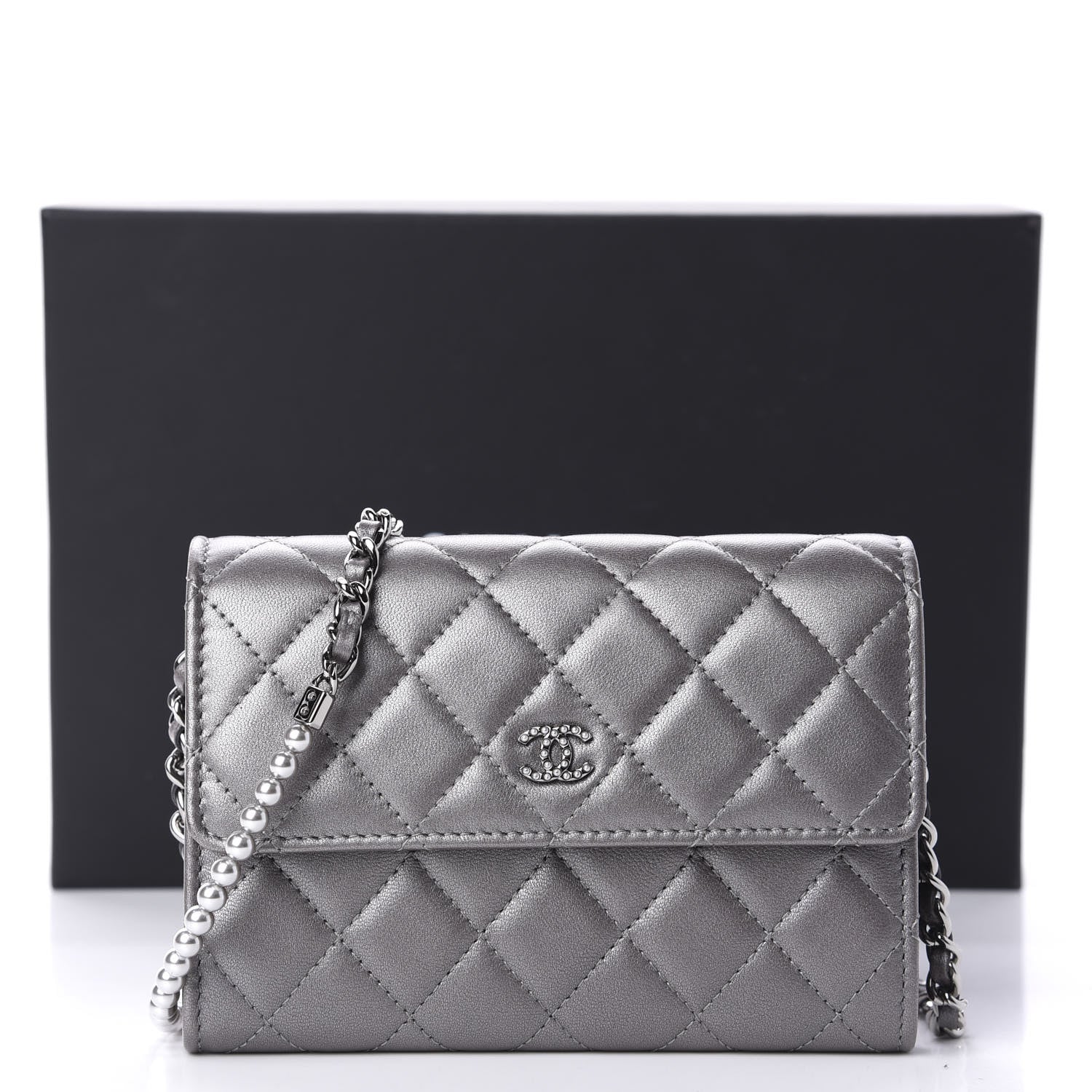 Chanel Lambskin Quilted Pearl My Shoulder Mini French Wallet On Chain WOC Silver 12 of 12