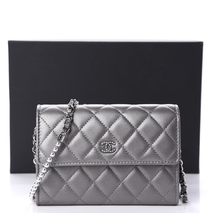 Chanel Lambskin Quilted Pearl My Shoulder Mini French Wallet On Chain WOC Silver 12 of 12