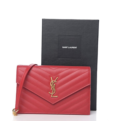 Saint Laurent Grain De Poudre Matelasse Chevron Monogram Envelope Chain Wallet New Red 9 of 9
