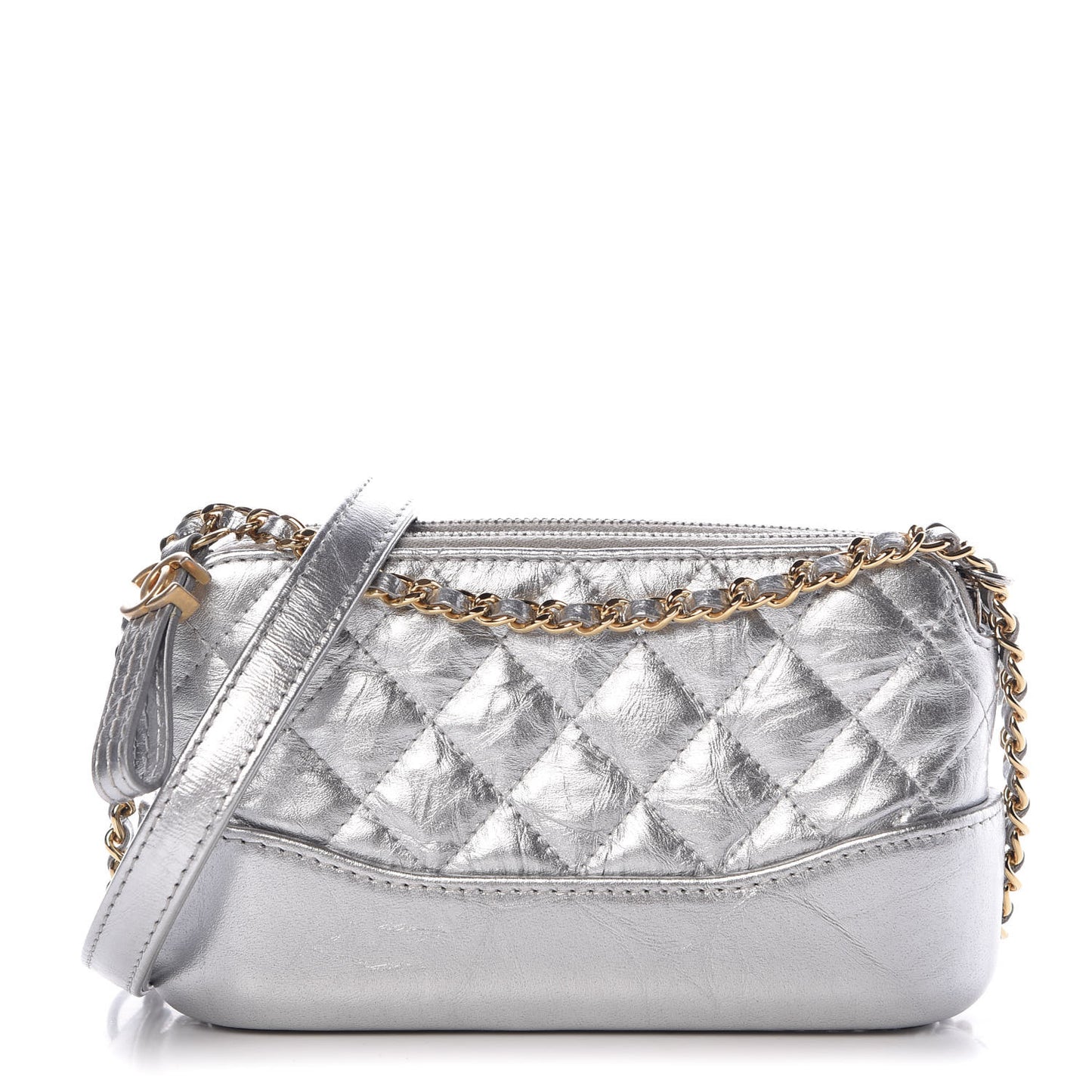Metallic Lambskin Calfskin Quilted Small Gabrielle Clutch With Chain Silver