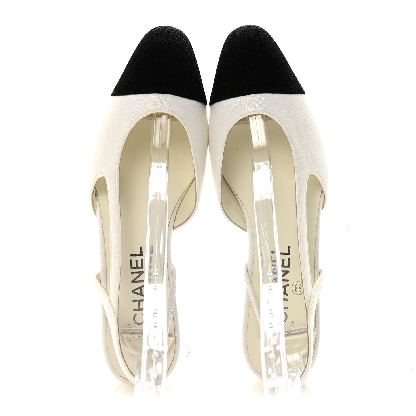 Iridescent Tweed Cap Toe CC Slingback Flats 38.5 White Black