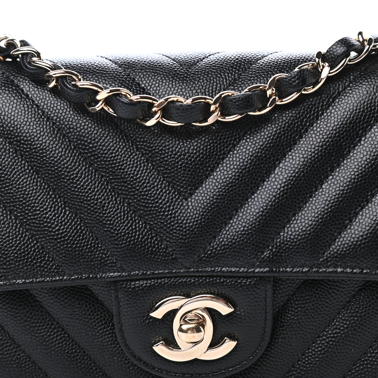 Caviar Chevron Quilted Mini Rectangular Flap Black