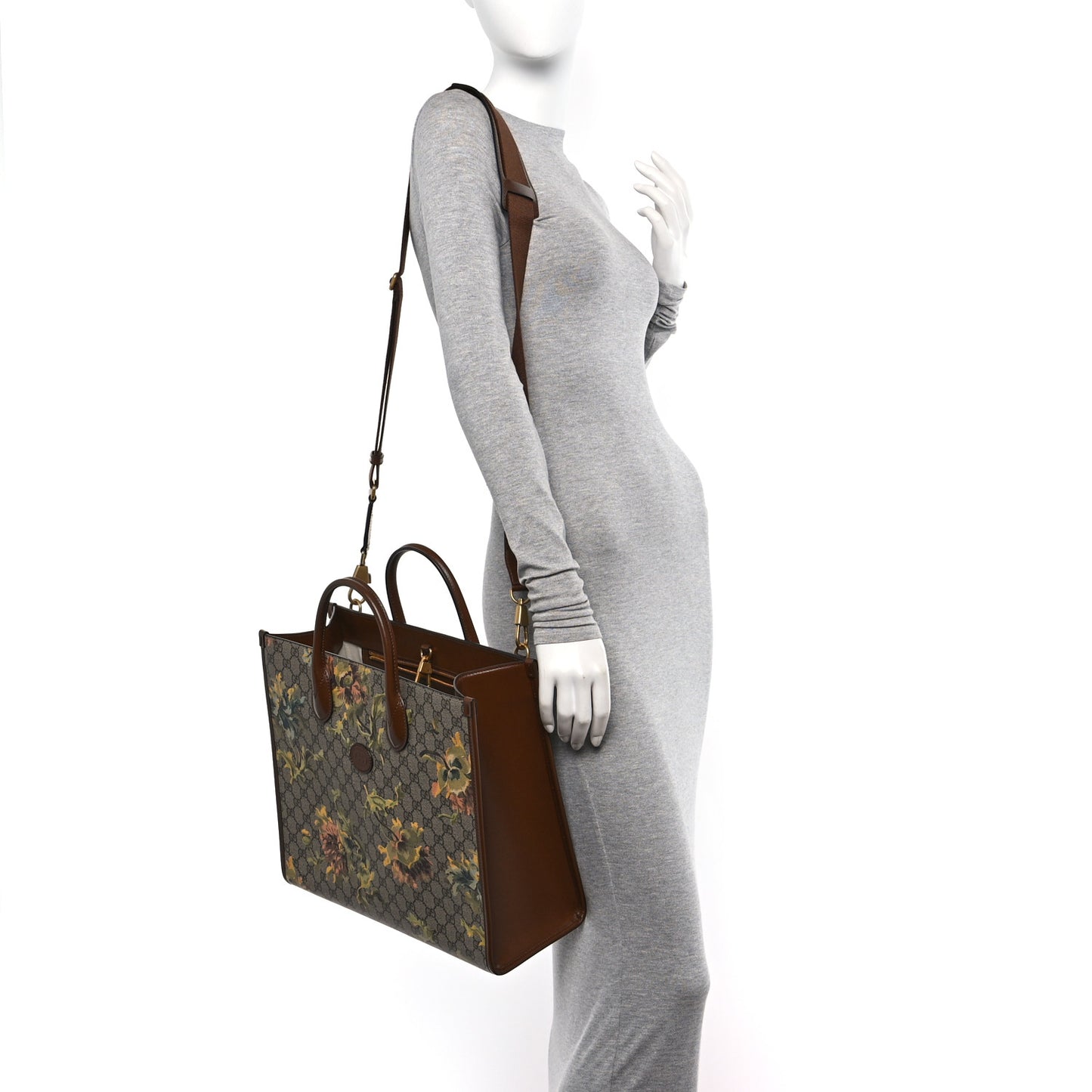 GG Supreme Monogram Azalea Calfskin Dusty Carnation Retro Interlocking G Tote Bag Beige Ebony Brown Sugar