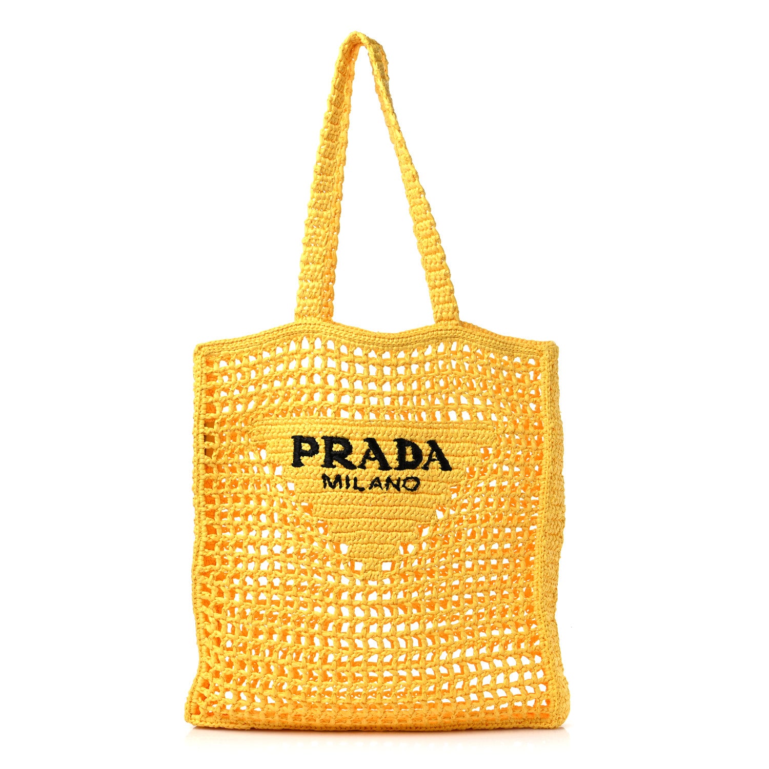 Prada Yarn Raffia Effect Crochet Logo Embroidered Tote Bag Giallo 1 of 8