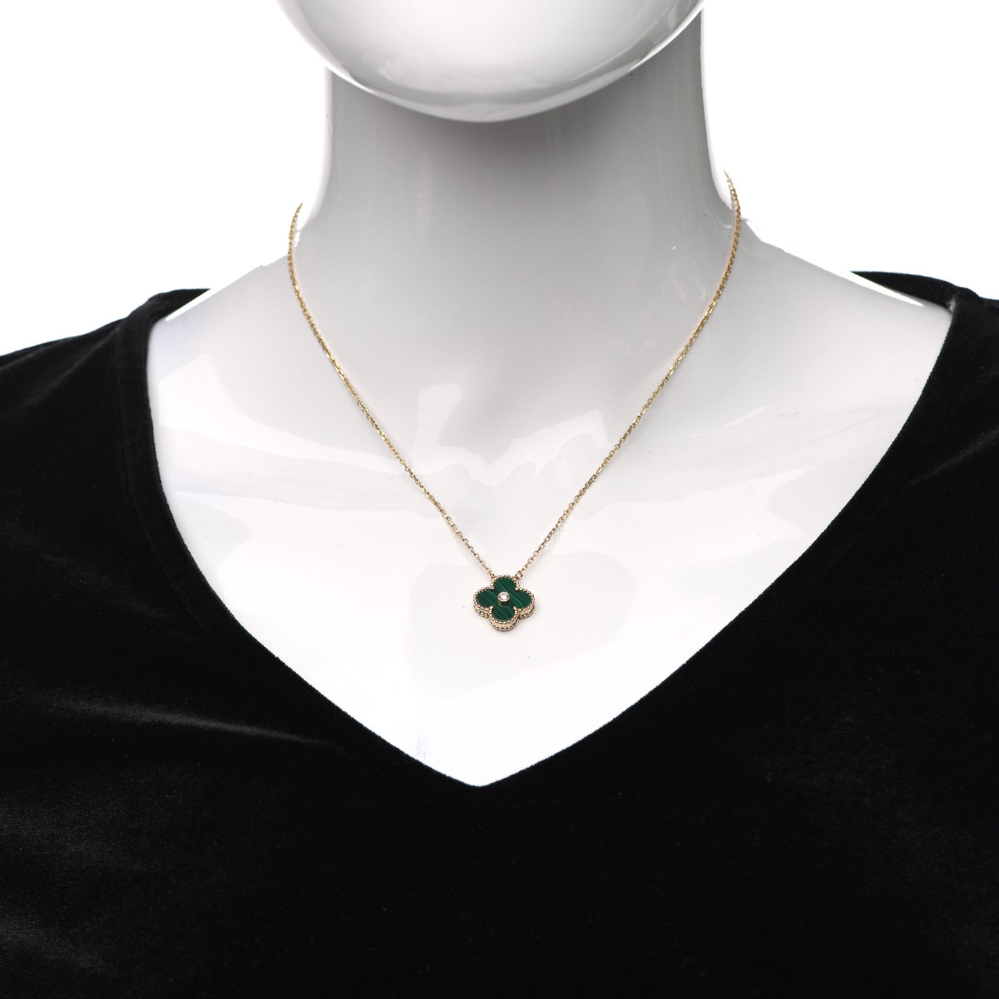 18K Yellow Gold Diamond Malachite Vintage Alhambra Pendant Necklace